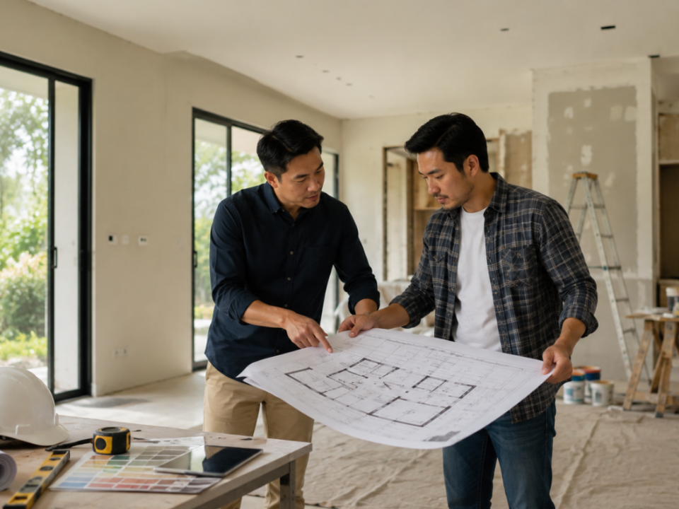 arsiteku renovasi rumah dan diskusi perencanaan denah bersama profesional.