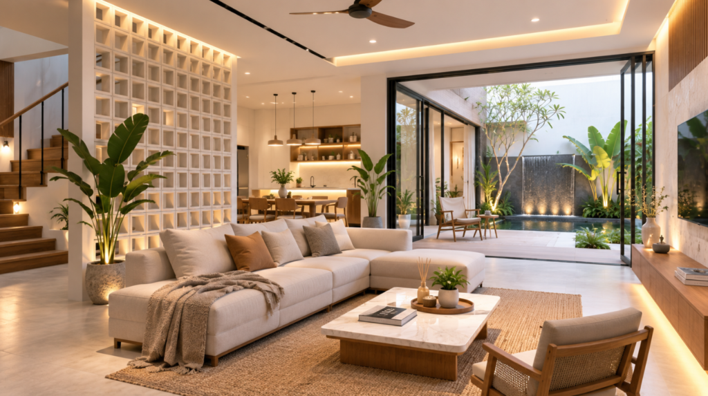 arsiteku renovasi rumah mewujudkan hasil akhir hunian impian berkonsep Japandi tropical yang fungsional.