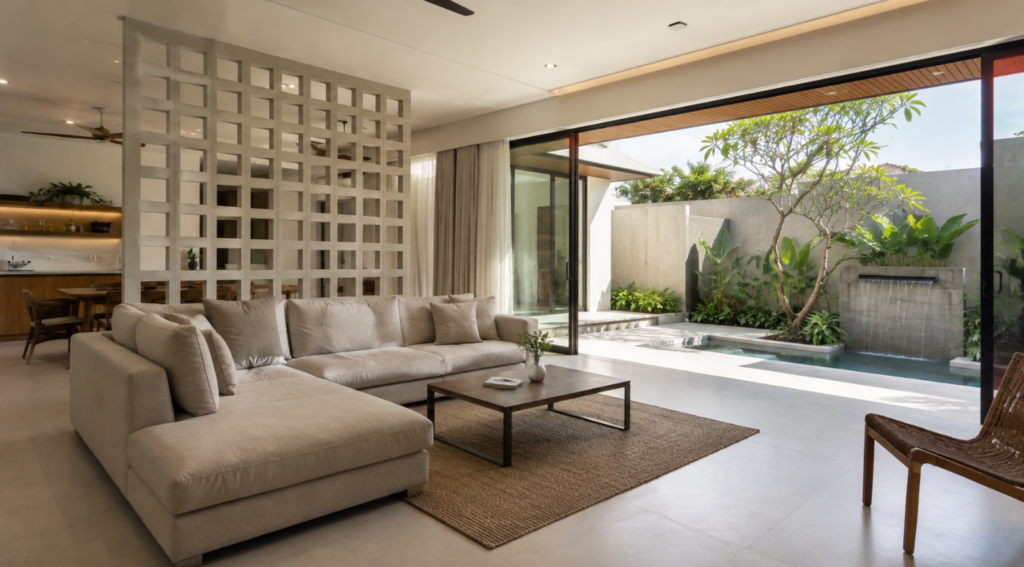 arsiteku renovasi rumah mewujudkan hasil akhir hunian impian berkonsep Japandi tropical yang fungsional.