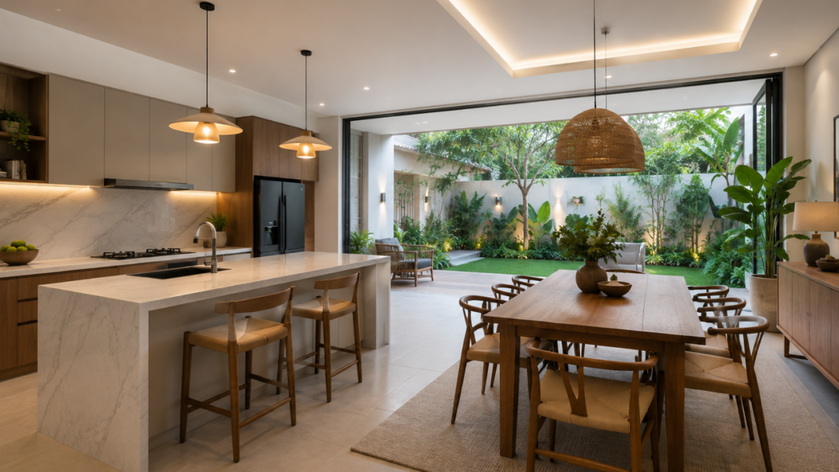 arsiteku renovasi rumah mewujudkan hasil akhir hunian impian berkonsep Japandi tropical yang fungsional.