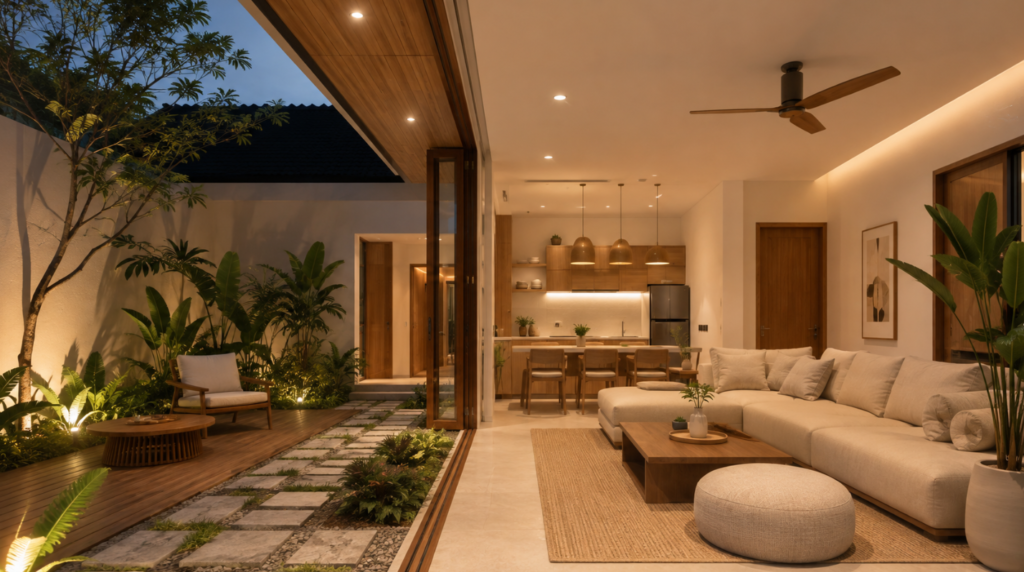 arsiteku renovasi rumah mewujudkan hasil akhir hunian impian berkonsep Japandi tropical yang fungsional.