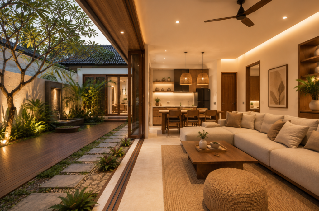 arsiteku renovasi rumah mewujudkan hasil akhir hunian impian berkonsep Japandi tropical yang fungsional.