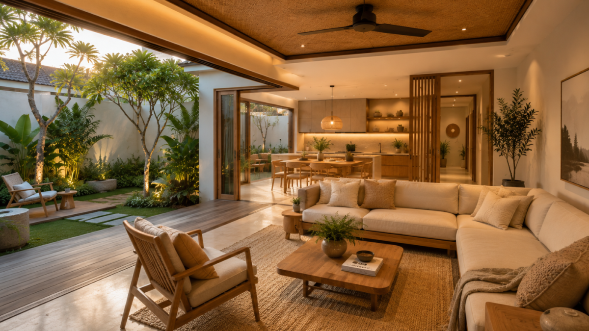 arsiteku renovasi rumah mewujudkan hasil akhir hunian impian berkonsep Japandi tropical yang fungsional.